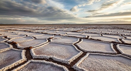 Vast salt flats landscape with geometric patterns and distant mountains