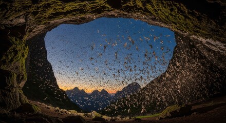 Bats fly out of a cave at dusk, with mountains in the background