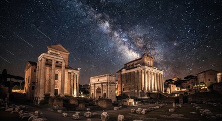 Ancient Roman Forum ruins against a starry night sky landscape