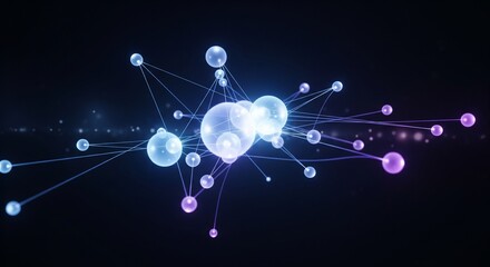 Glowing blue and purple spheres connected by lines in a dark digital space. Abstract 3D rendering of a neural network or data connection. Represents artificial intelligence, global communication