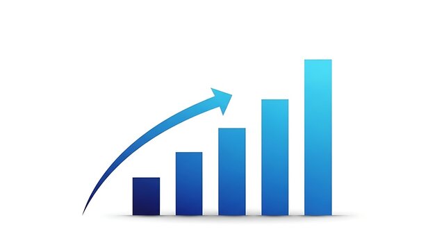 A rising blue bar graph showing upward trend with an arrow indicating positive growth and progress - Powered by Adobe