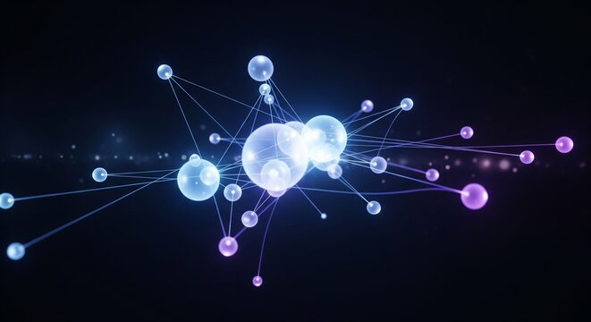 Glowing blue and purple spheres connected by lines in a dark digital space. Abstract 3D rendering of a neural network or data connection. Represents artificial intelligence, global communication - Powered by Adobe