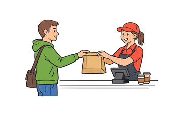 Customer receives a takeout bag from a cashier at a counter