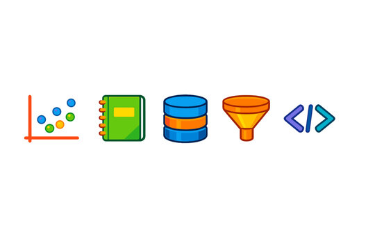 Data processing icons: graph, notebook, database, funnel, code