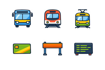 Public Transport Icons Set: Bus, Train, Tram, Card, Sign, Schedule