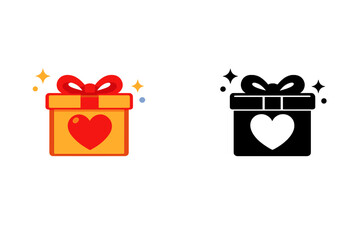 Gift box with heart and sparkles, bright and shadowed versions