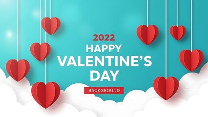Festive paper-cut style happy valentine's day celebration background featuring multiple vibrant red hearts suspended against a bright turquoise sky with white clouds below and clear text announcing th