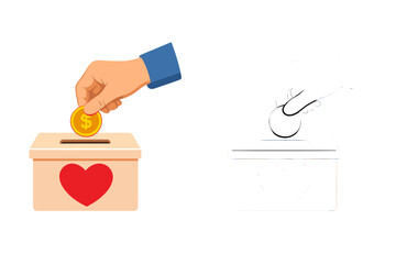 Donation box with hand and coin, graphic illustration