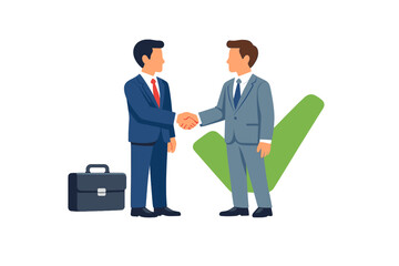 Two businessmen shaking hands with a green checkmark behind them