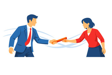 Business partners passing a baton, symbolizing teamwork and success