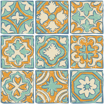 Seamless vintage tile pattern in turquoise and orange colors. Hand drawn Mediterranean ornament with rustic geometric style. Vector illustration.