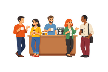 Diverse colleagues chatting in a breakroom with coffee