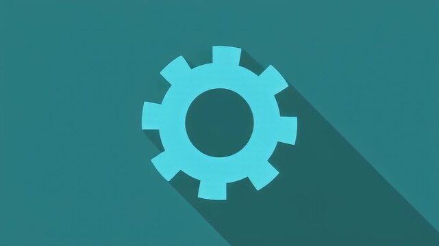 A minimalist teal graphic design featuring a cogwheel icon with a long shadow, representing settings or mechanics