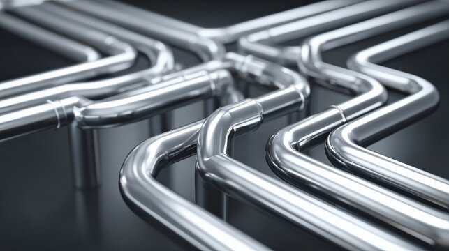 A close-up of shiny metal pipes intersecting in a complex pattern against a dark background.