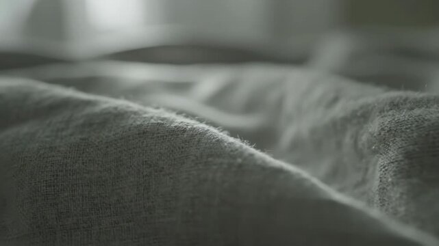 Extreme close-up macro shot of soft, wrinkled grey fabric texture showing fluffy material fibers and abstract cloth background detail