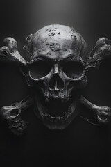 Fototapeta premium Surreal pirate skull and crossbones on a deep black background with dark fantasy atmosphere