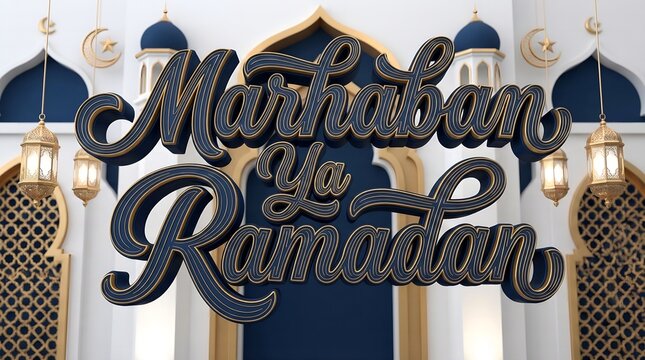 Marhaban Ya Ramadan 3D Islamic Typography with Blue Mosque Domes and Ornamental Lanterns

