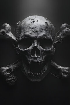 Surreal pirate skull and crossbones on a deep black background with dark fantasy atmosphere