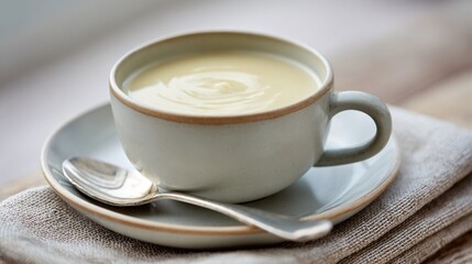 Fototapeta premium Parsnip soup served in a handleless cup, clean lines, Scandinavian minimalist aesthetic