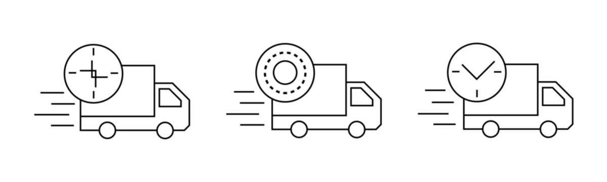 Delivery service line icons. Delivery truck. Logistics delivery flat icons set. Express delivery. Fast shipping. Shipment of goods, tracking, approved parcel.