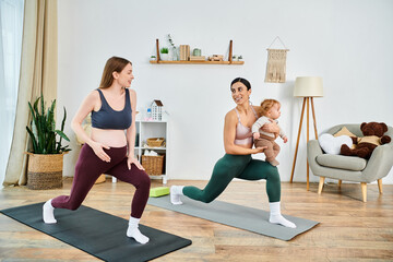 Obraz premium Mom and coach enjoy a fitness session while caring for child at home