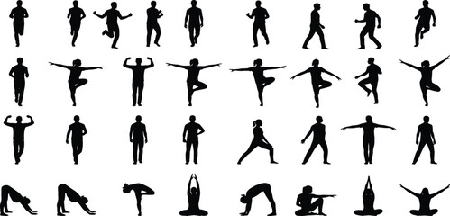 Naklejka premium Large collection of human silhouettes performing various fitness activities including running, yoga poses, stretching, and athletic exercises on white background