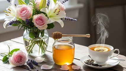 Pink roses white lilies honey and tea on wooden table flowers bouquet purple lavender