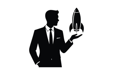 Businessman in suit holding a rocket on his hand with white background