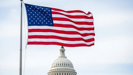 American flag waving in front of U S Capitol dome USA flag United States flag flagpole US Capitol