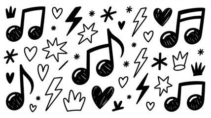 A black and white doodle-style illustration of musical and decorative elements arranged in a scattered pattern against a white background