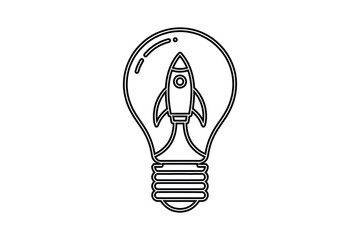 A rocket ship inside a light bulb on a white background innovation
