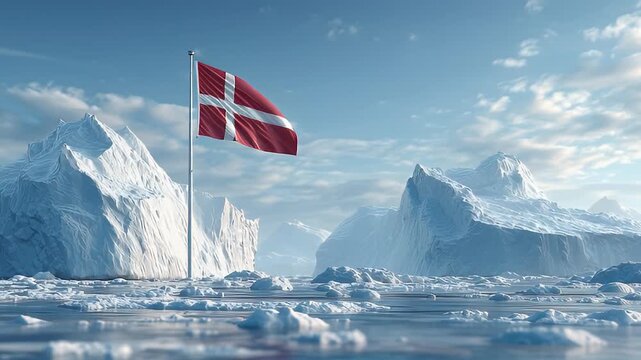 The Danish flag stands against towering icebergs in the Arctic