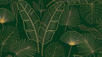Gold line of various tropical leaves on dark green background gold line dark green background palm leaves