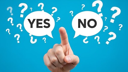 Hand pointing to yes speech bubble with question marks on blue background finger