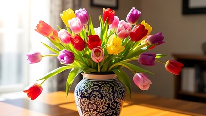 Colorful tulips in decorative vase on wooden table indoors flowers