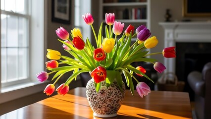 Colorful tulips in a floral patterned vase on a wooden table indoors flowers window