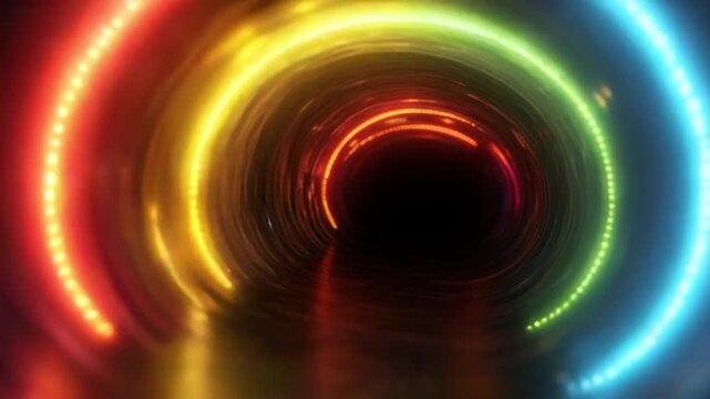 Neon Tunnel of Light: A mesmerizing spiral tunnel of vibrant neon lights guides the viewer's gaze, showcasing a spectrum of brilliant colors and an inviting path toward the unknown.