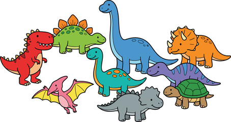Cartoon dinosaur collection illustration, Tyrannosaurus Stegosaurus Brachiosaurus Triceratops Parasaurolophus Pteranodon Ankylosaurus reptile, educational kids design, flat vector illustration ©  Creative World 
