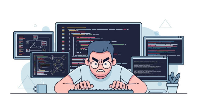 Frustrated programmer facing a complex coding problem with multiple screens.