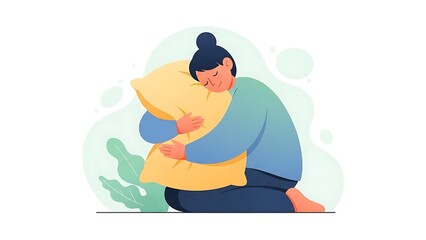 Obraz premium Young Woman Hugging a Pillow Minimalist Illustration for Wellness and Mental Health