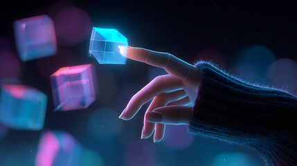 Hand interacting with glowing digital cube in futuristic interface