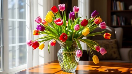 Colorful tulips in a glass vase on a wooden table by a window flowers