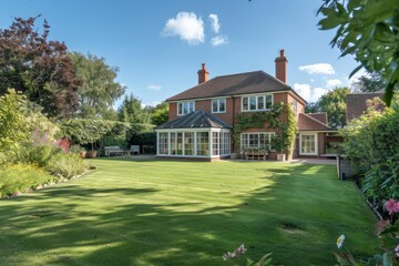 Plakat Beautiful red brick english detached house with garden room extension and landscaped garden in summer