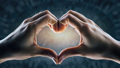 Fototapeta premium A pair of hands forms a heart shape, illuminated by a soft glow, symbolizing love and connection.