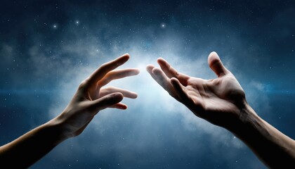 Two hands reach toward each other against a cosmic backdrop, symbolizing connection, unity, and the infinite possibilities of the universe.