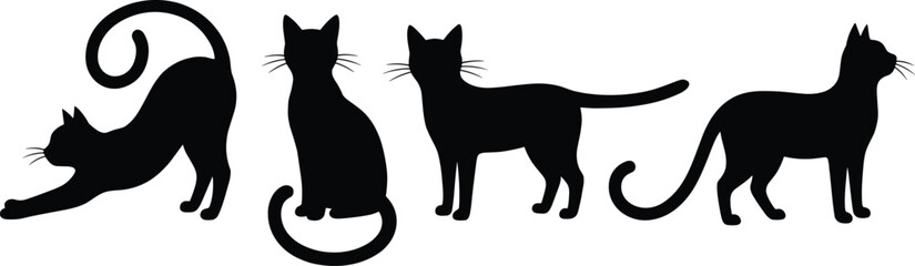 Obraz premium Black cat silhouette illustrations in multiple poses with curled tails, ideal for Halloween themes, pet designs, spooky graphics, crafting projects, and minimalist feline artwork.