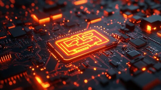 Cybercore Symphony: Illuminated circuit board pulsates with vibrant energy, symbolizing technological innovation and the intricate architecture of the digital age.