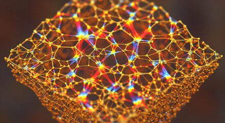 Golden 3D Network. An abstract golden 3D lattice structure with glowing nodes and connecting lines, representing digital data or neural networks