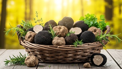 Basket of truffles on wooden table with herbs rosemary