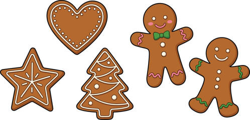 Gingerbread cookie illustrations in festive holiday shapes, including gingerbread men, star, tree, and heart designs, perfect for Christmas themes, winter d&eacute;cor, and seasonal baking artwork.